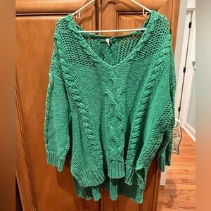 Pilcro Anthropologie Green V-Neck Cable Knit Sweater size 1X